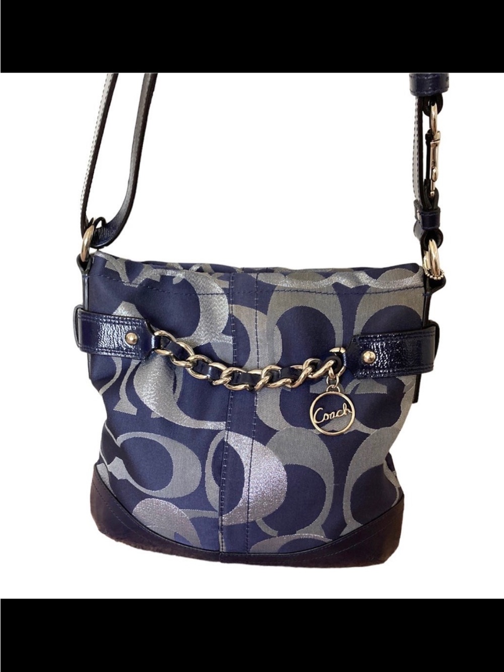 Coach Moto Optic Navy and Silver Signature Crossbody with Chain Detail